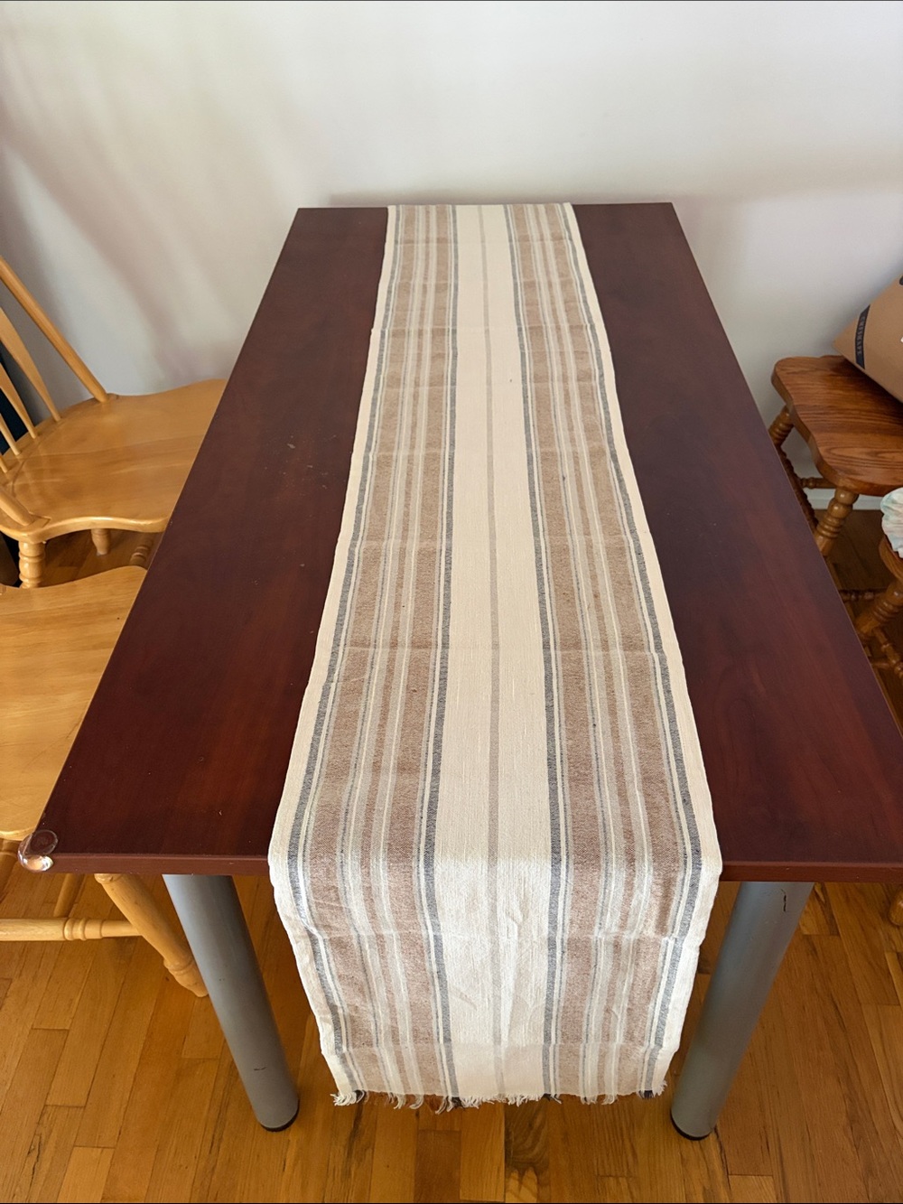 Neutral Striped Table Runner with Fringe Farmhouse Rustic Dining Décor - Picture 3 of 7